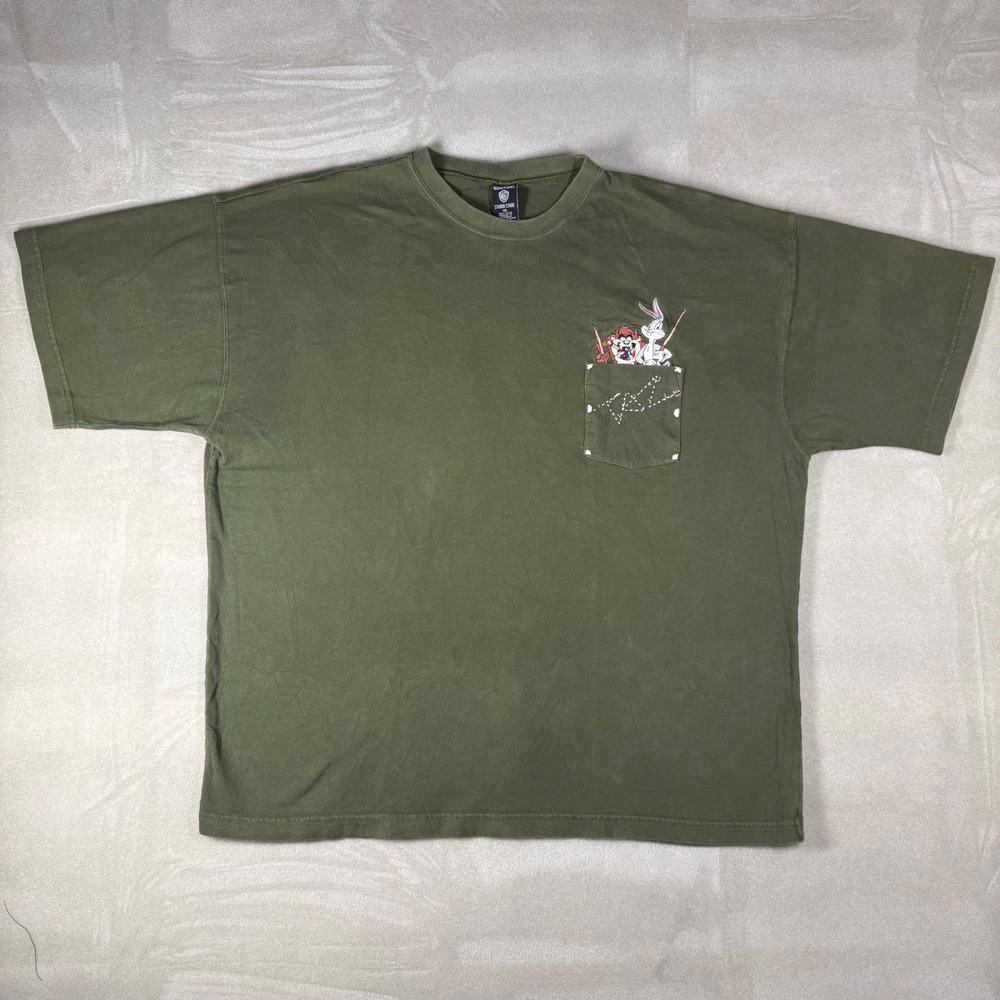Vintage Warner Bros Studio Store Bugs Bunny Taz Pocket T-Shirt Olive XXL Mens